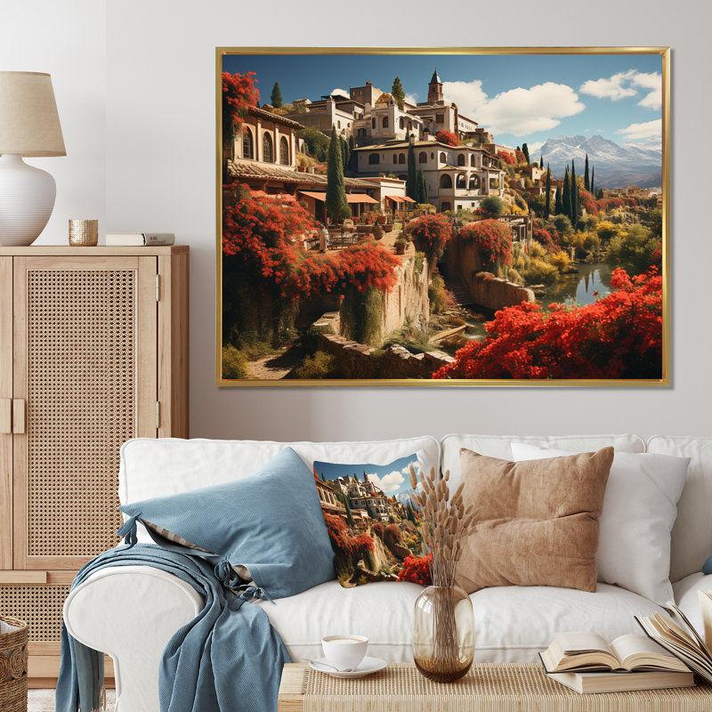 Espagne, Grenade, quartier de l'Albayzà­n II - Décoration murale espagnole, 34" H x 44" W, Gold Picture Framed