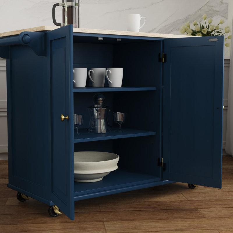 Chariot de cuisine de 53,5 po avec plateau en bois massif et roulettes verrouillables Arlonda, Bleu