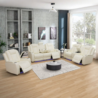Raichelle Breathing Leather 3-Piece Living Room Recliner Sofa Set With LED,Wireless Charger,Arm Storage,Cupholders