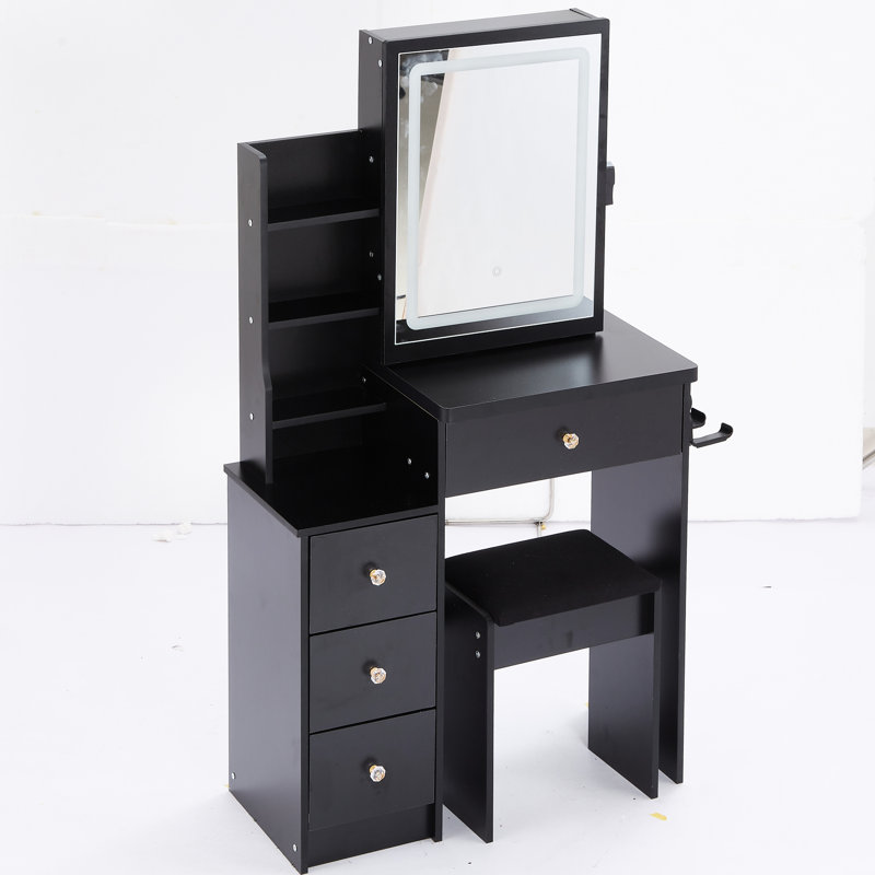 Petit ensemble de coiffeuse et tabouret de chevet gauche, arrangement de 2 AC + 2, grand miroir à DEL tactile avec fonction de modification de la luminosité en trois couleurs, convient aux appareils compacts