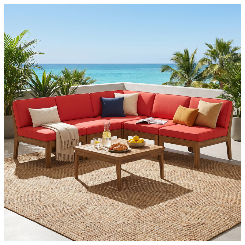 Ensemble de canapé modulaire en bois d'acacia avec coussins rouges 5 pièces Grenada, finition teck