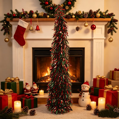 Sapin de Noël pliable de 1,5 m avec bandes de papier aluminium résistant, design pop-up, sapin fin en forme de crayon avec 50 lumières DEL blanc chaud, rouge et vert