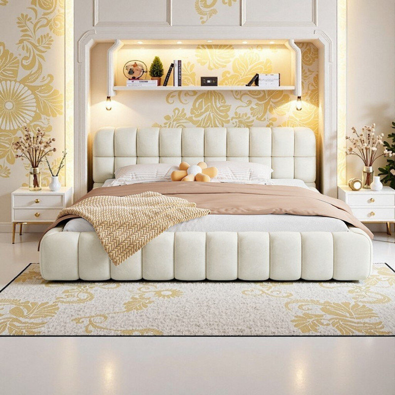 Très grand lit plateforme tapissier avec structure en bois massif Capacité de 600 lb L 88,5 po x l 82,5 po, Beige
