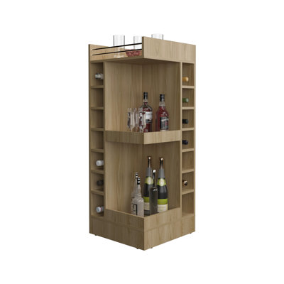 46" Tall 3 Corner Bar Cabinet In Oak - 14 Liquor Bottle & Fashionable Storage Concept Option