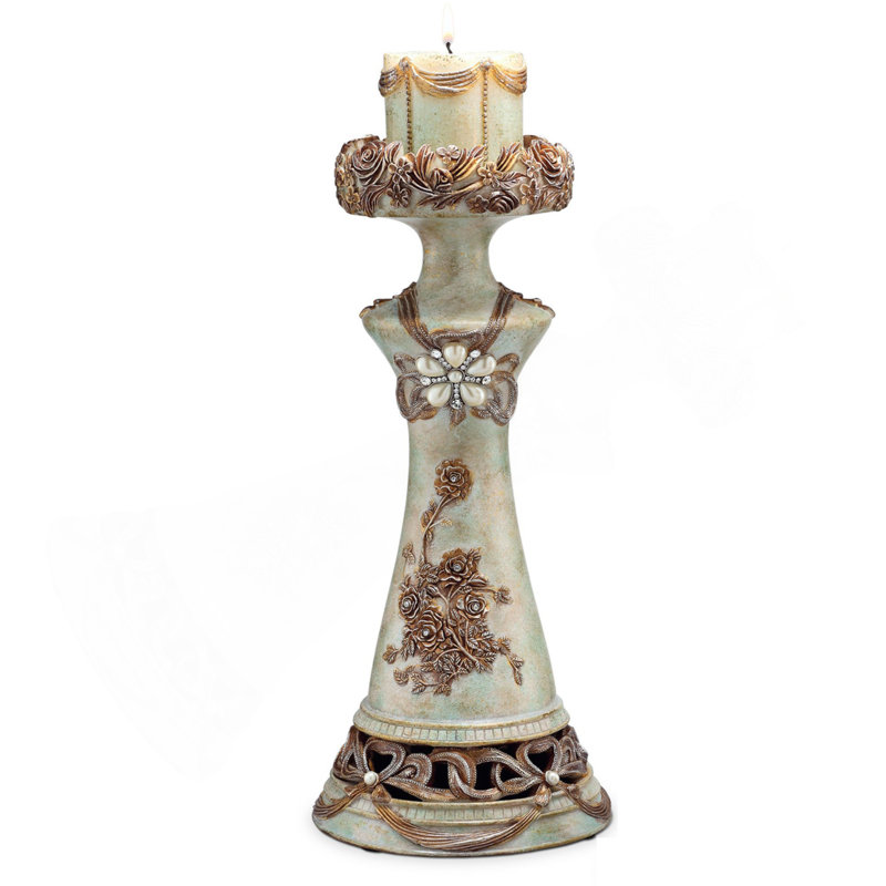 11.75" And 15.5" Polyresin Candleholder, Vintage Rose Design (Set Of 2)