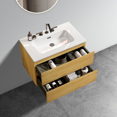 Bron 30"" Wall Mount Natural Oak Bathroom Vanity With Ceramic Sink With Three Faucet Holes, Large Storage Floating Bathroom Vanity For Modern Bathroom, -  Ebern Designs, D57CAAD3EF434A4F98666798096A1EC2