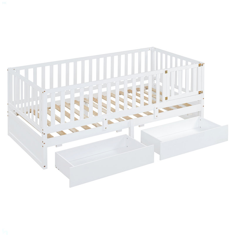 Lit de jour simple en bois avec garde-corps de clôture et 2 tiroirs, divisée en lit de jour indépendant et lit de jour, Blanc