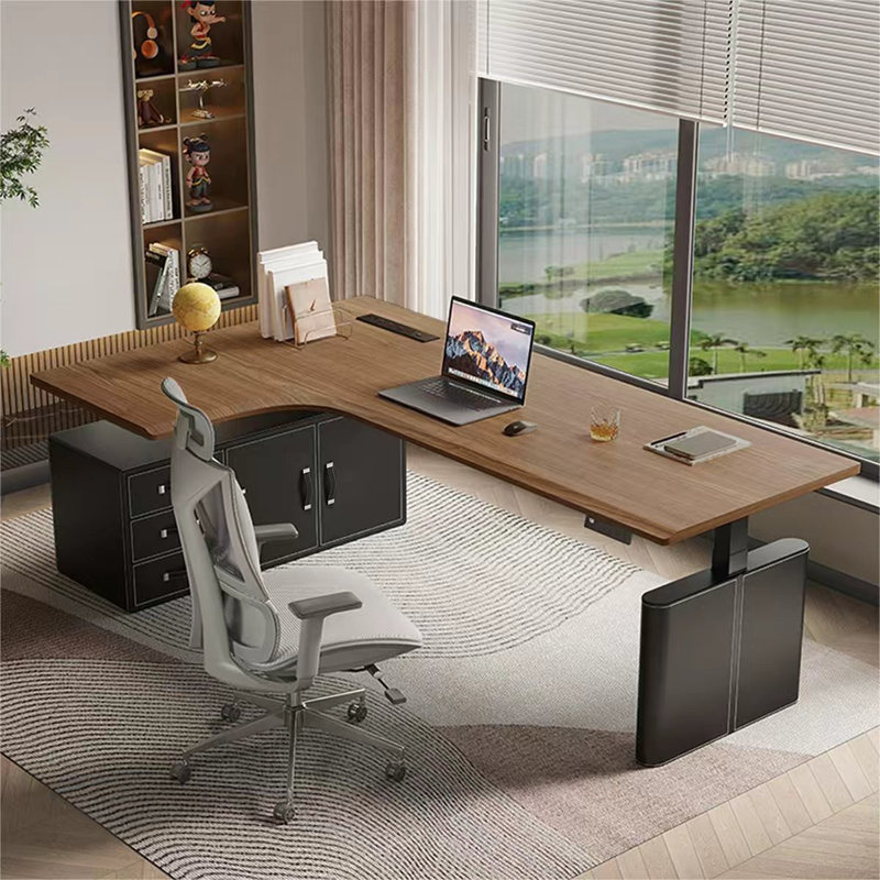 Bureau à 3 tiroirs en noyer massif + en bois massif manufacturé + en acier au carbone + réglable en L noir, Retour à gauche