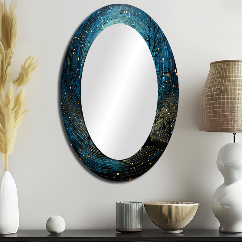 Miroir décoratif ovale abstrait bleu sur métal lune III, 36 po x 24 po