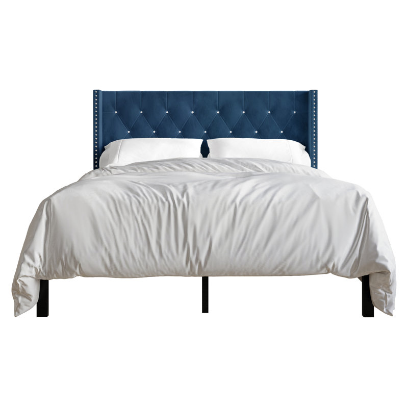 Ffyona Upholstered Wingback Bed, Full/Double, Navy Blue