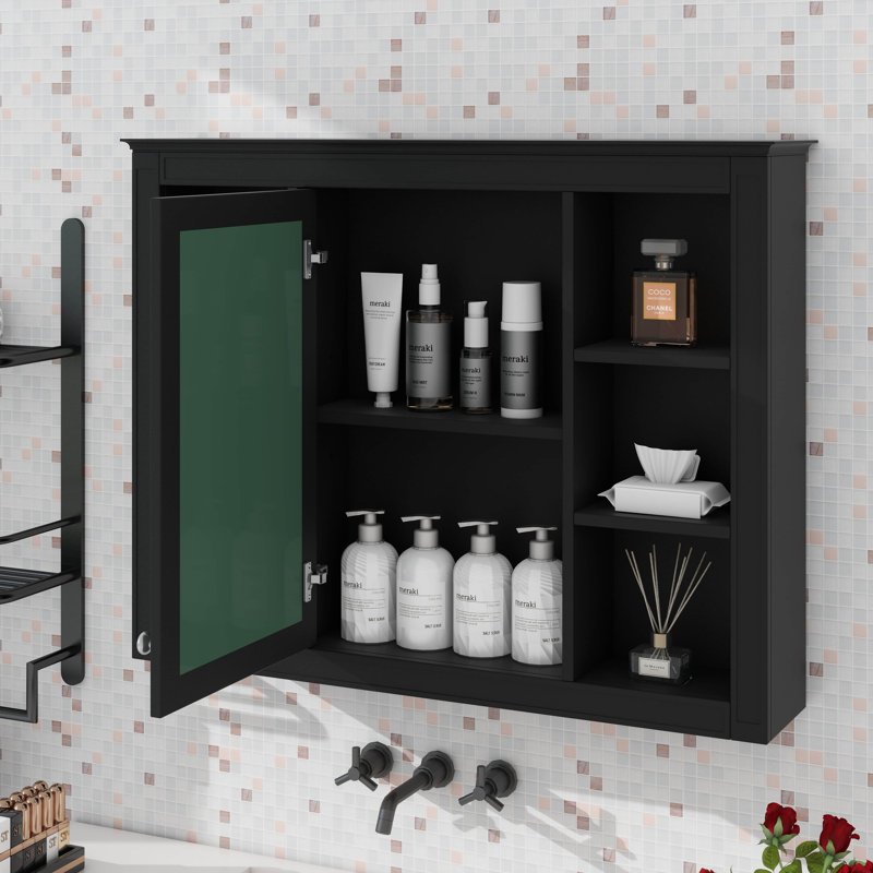 Armoire à pharmacie murale, armoire de rangement de salle de bain avec porte miroir et 6 tablettes ouvertes réglables