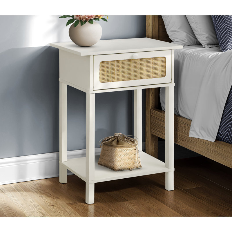 Table d'appoint, 2 niveaux, table de bout, table de chevet, table d'appoint, tiroir de rangement, chambre à coucher, salon, stratifié blanc, transitionnel
