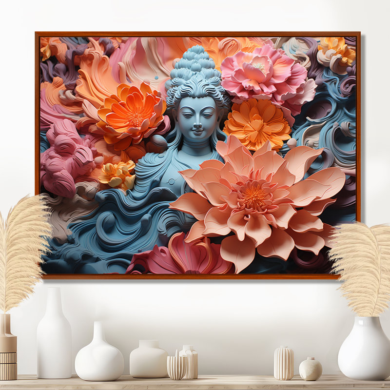 Statue de bouddhisme en fleurs I - décoration murale bouddhisme, H 24 po x l 32 po x P 1 po, Cadre flottant brun
