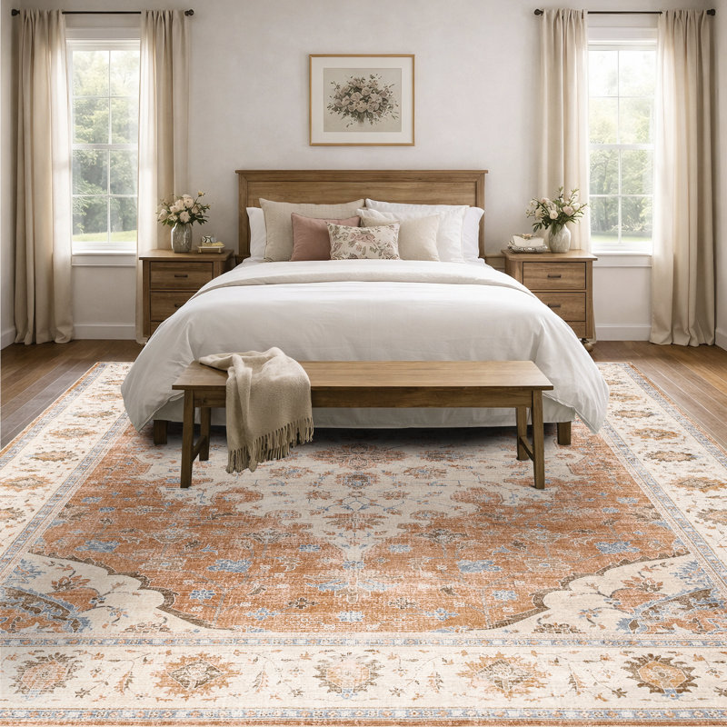 Machine Washable Vintage Oriental Area Rug Non-Slip Backing Orang/ Beige/Blue Indoor Carpet for Living Room, Bedroom