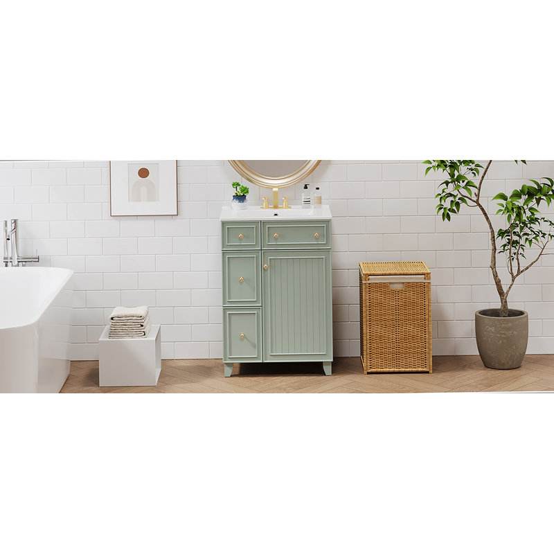 Armoire de salle de bain avec lavabo en céramique Athroom, 2 tiroirs, 1 porte, Vert