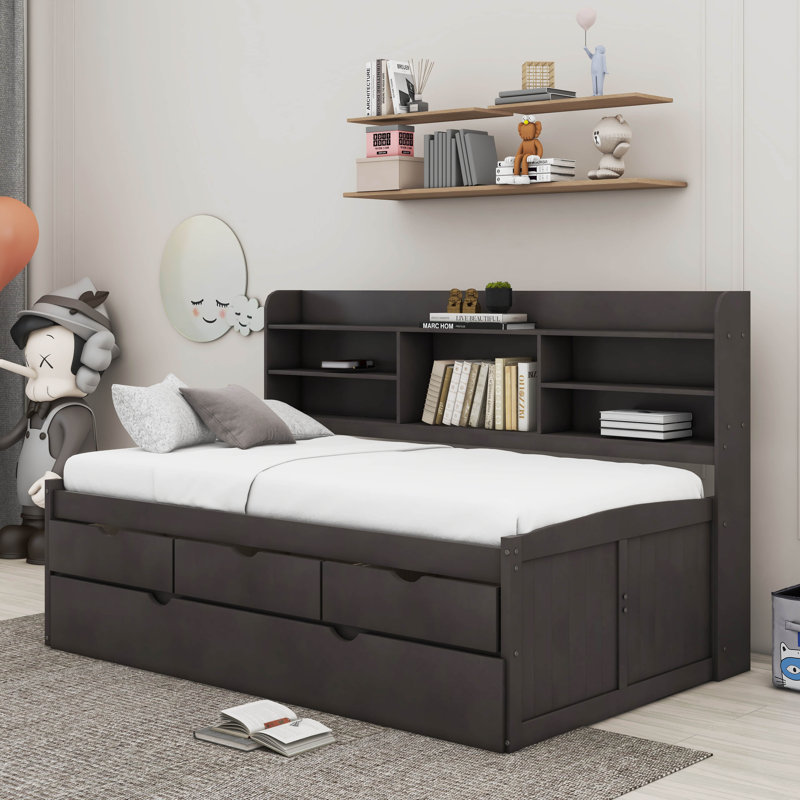 Twin Size Wooden Captain Bed With Built-In Bookshelves,Three Storage Drawers And Trundle, Antique Gray incorrect