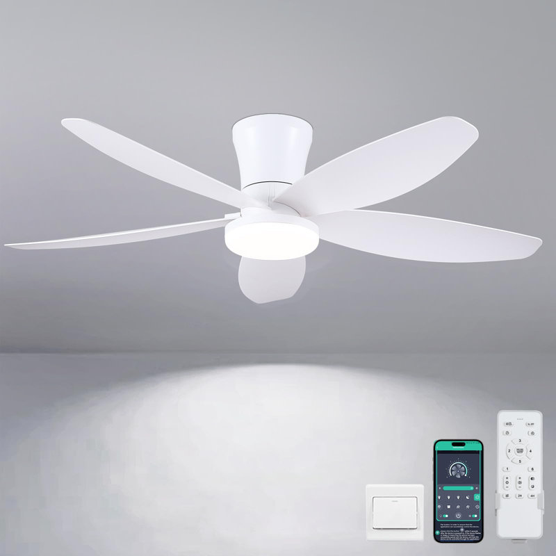 36/42/48" Flush Mount Low Profile Ceiling Fan With Light And Remote/app Control, 42" , White