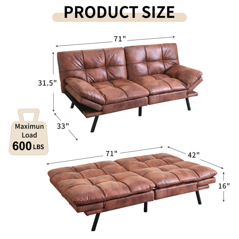 Canapé-lit futon pliable de 71 po, causeuse peu encombrante pour lit d'invité et salon, Brun
