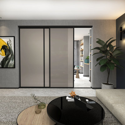 3 Panel Smoked Frosted Glass Sliding Room Divider - Aluminum Frame with Silent Glide technology