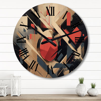 Red And Black Depth Corner I - Abstract Shapes Oversized Wood Wall Clock