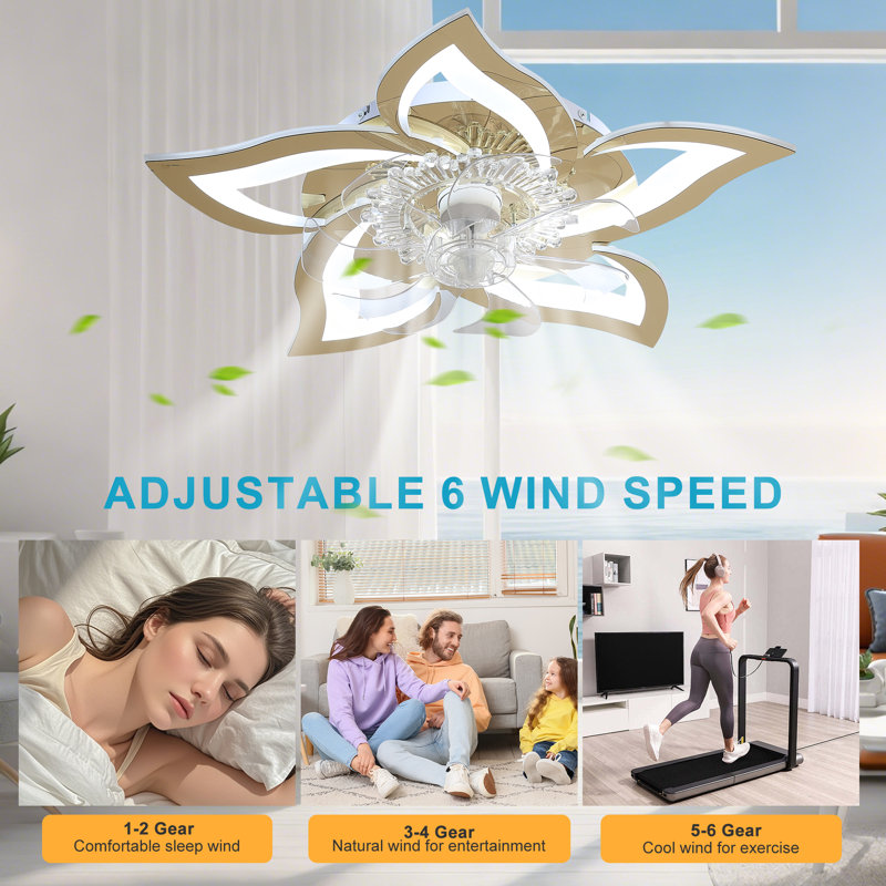 Izzabella 24.6" 7 - Blade LED Dimmable Flush Mount Ceiling Fan with Light and Remote, Gold