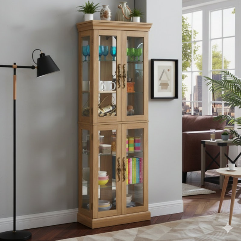Illuminated Glass Curio Display Cabinet, Glass Showcase Storage Unit, Glass Wine Cabinet With Wood Frame For Toy Display In Living Room, Kitchen, Or Pantry, Includes Light Bulb, In Light Oak