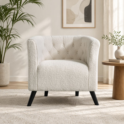 Gerdeen 26.77" Wide Tufted Teddy Velvet Upholstered Barrel Chair with Wooden Legs