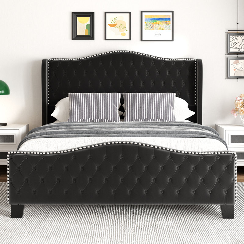Mieya Velvet Upholstered Platform Bed Frame with Button Tufted Wingback Headboard and Footboard, King, Black