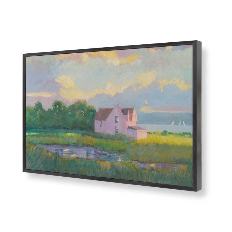 Pink Cottage Twilight Print, 12.25" H x 15.25" W, Open Corner Framed, Weathered Zinc