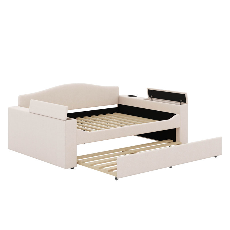Full Upholstered Daybed With Trundle, Storage Armrests And Latest Integrated Bluetooth Audio System, Beige