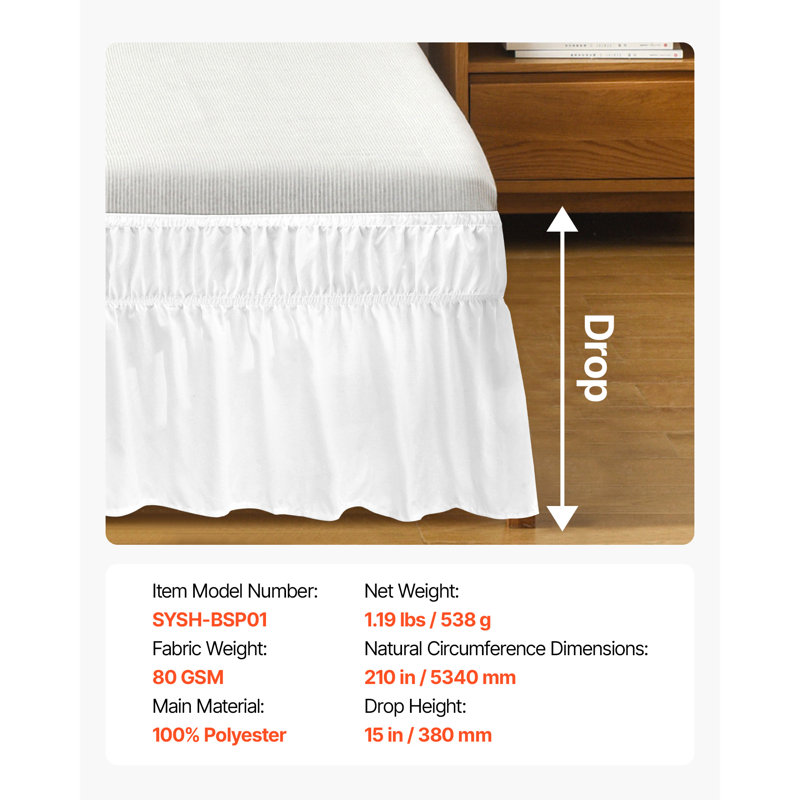 Jupe de lit portefeuille, 38 cm retombée, volant anti-poussière blanc, taille Queen, jupe de lit ajustable sur trois côtés avec sangle élastique facile à installer, infroissable et résistante à la décoloration, lavable à la machine