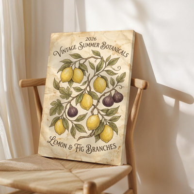 1Pc Framed Canvas Poster Print Lemon and fig branches: Detailed botanical illustration, Vintage hand-drawn art style. Wall Art Decor, Perfect for Room Decor Living Room Bedroom Office Kitchen Bathroom Home Decor, Ideal Home Wall Decoration Gift