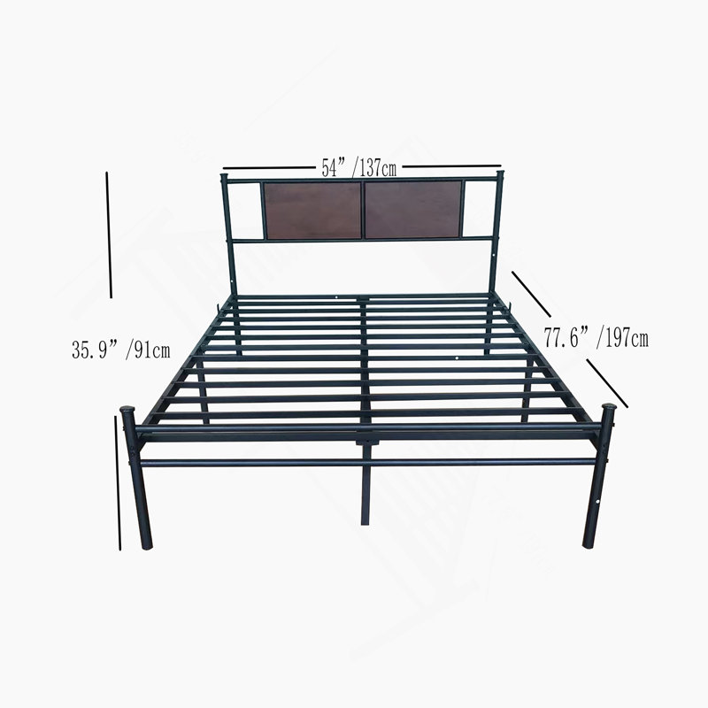 Structure de grand lit avec tête et pied de lit en bois, plateforme en métal pour sommier grand sommier, lattes en métal robustes, aucun sommier requis