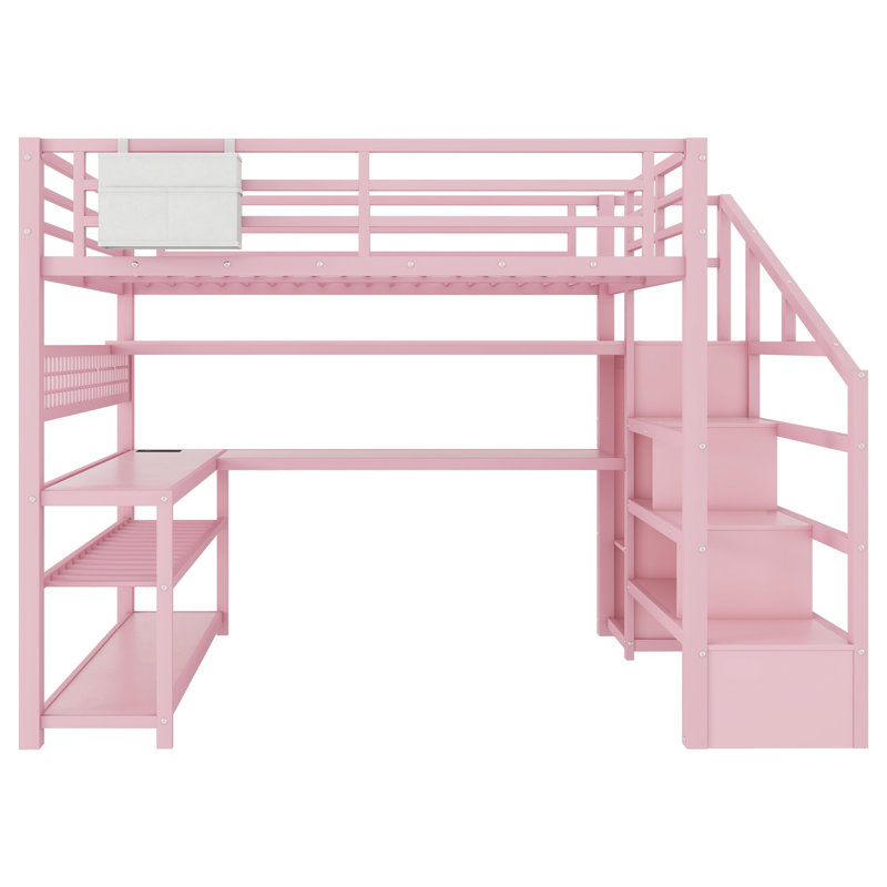 Lit mezzanine en métal avec bureau en L, rangement pour escalier et garde-corps de sécurité