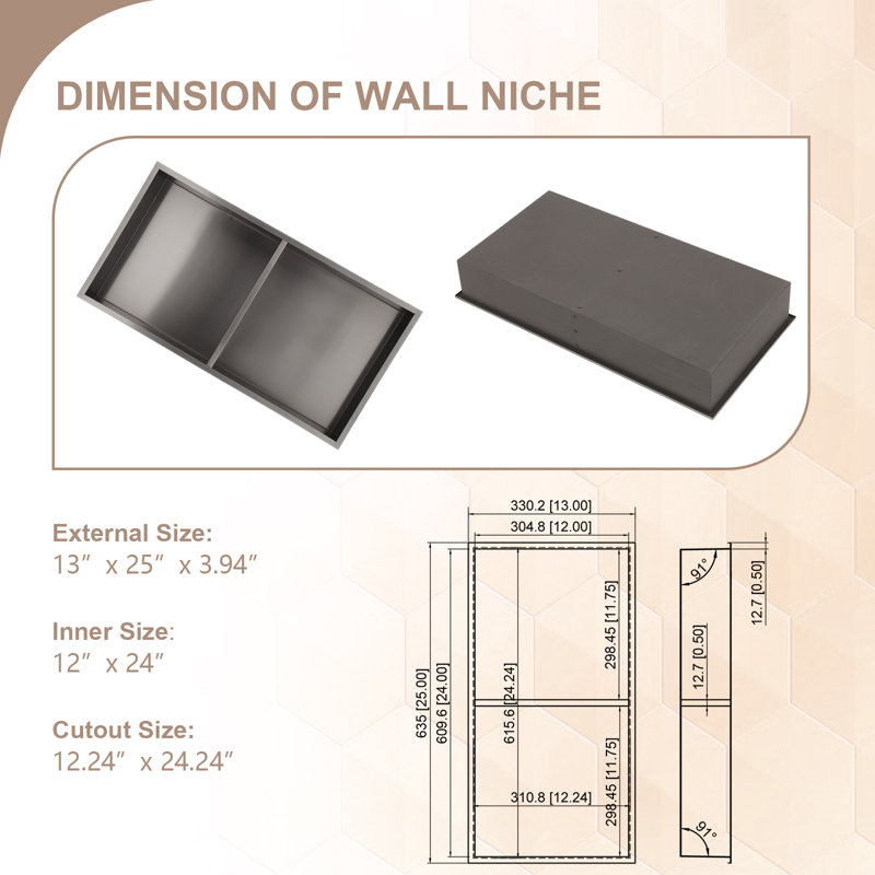 Niche de douche en acier inoxydable 12 po x H 24 po, Noir