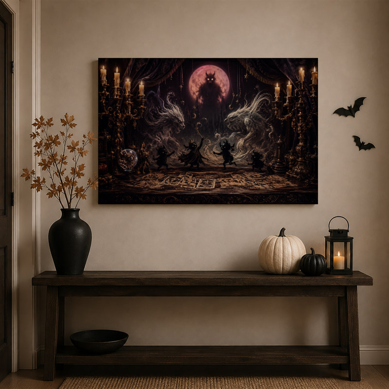 Toile murale d'Halloween représentant des esprits noirs dansants et des loups spectraux, H 32 po x l 48 po