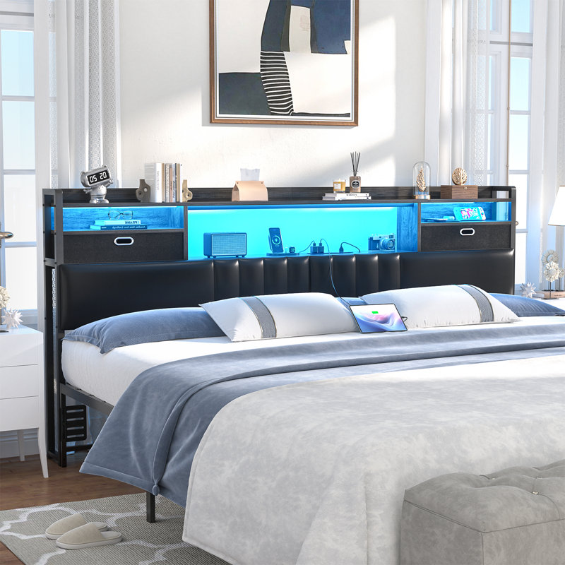 45.3'' H Storage Headboards With  Darwers,Outlets,USB Ports And LED Lights, Queen, Gray