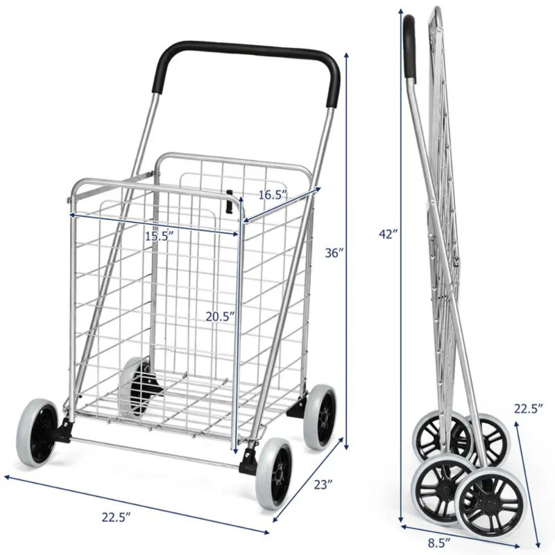 Chariot pliant pliable, chariot d'épicerie extra large léger avec roulettes pivotantes à 360 °, chariot utilitaire pliable portable pour la lessive, le magasinage, l'épicerie, les bagages, argent.
