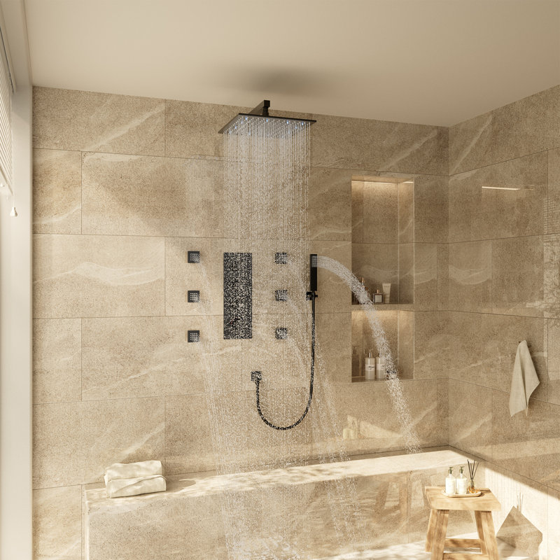 3-Function LED Light Thermostatic Rainfall Shower System with 6 Body Jets and Rough-in Valve, Matte Black