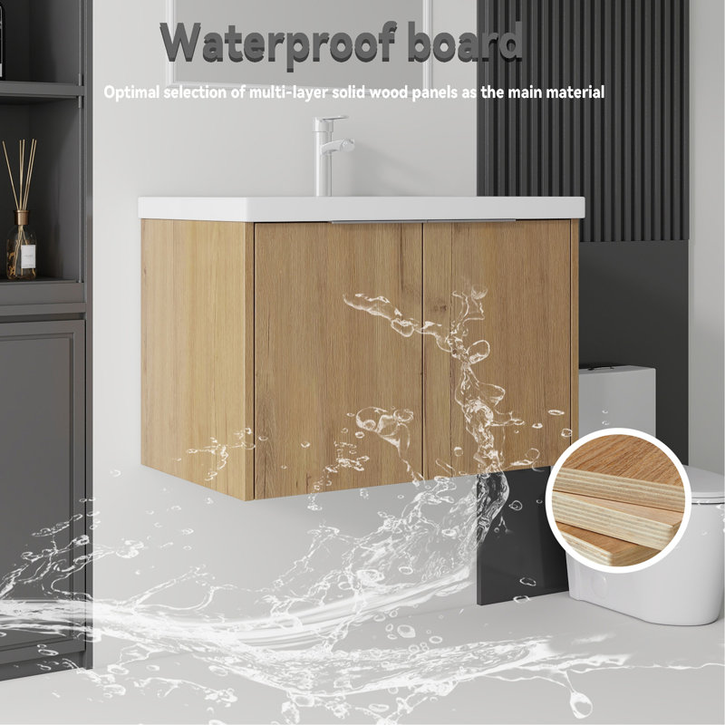 Meuble-lavabo flottant 36 po avec lavabo, porte à fermeture en douceur, évier en céramique, contreplaqué, chêne, Chêne clair