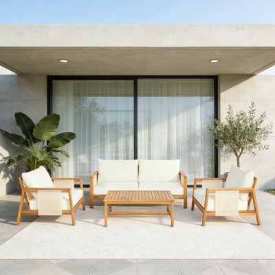 Calera  Modern Coastal Acacia Wood Outdoor Conversation Set With Water-Repellent Cushions