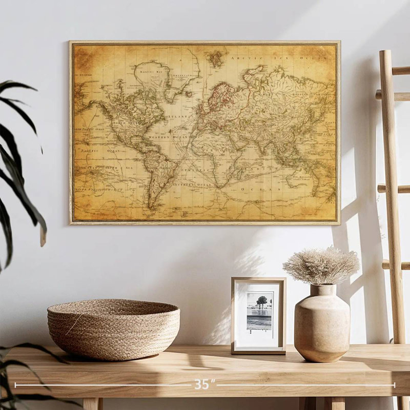 Carte du monde de l'Ancien siècle, 25 po x 17 po, Cadre flottant en bois naturel
