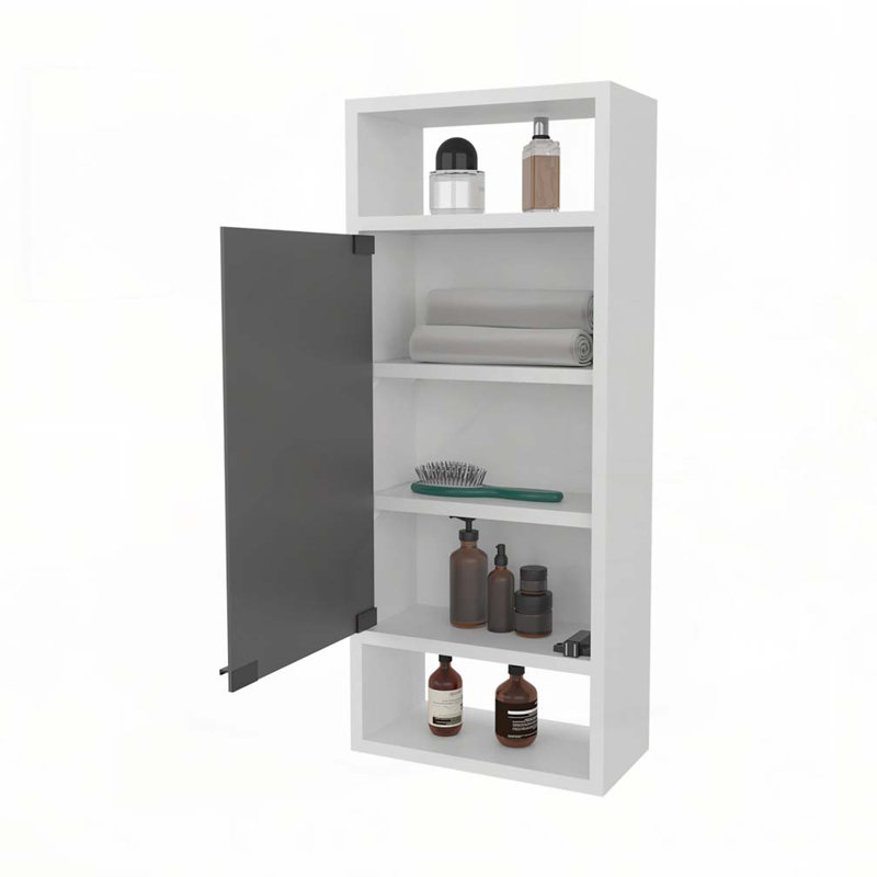Pharmacie avec porte à miroir et rangement ouvert