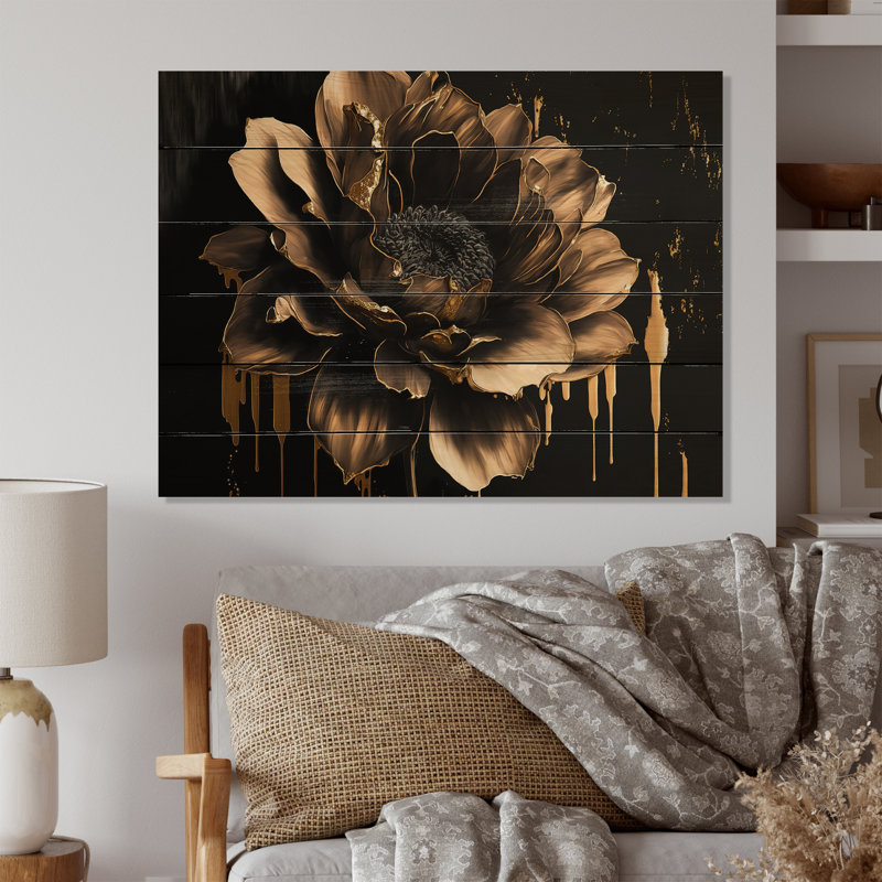 Dahlia noir et doré - impression sans cadre sur bois, H 12 po x l 20 po x P 1 po