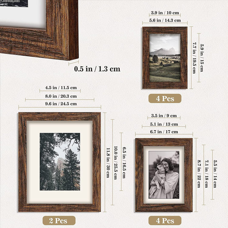 Picture Frames Collage Wall Decor, 10 Pack Photo Frame Set For Wall Gallery Decor-Farmhouse Wood Photo Display 8X10 Or 5X7 With Mat Or 4X6 Without Mat For Wall Mounting Or Tabletop-Rust Brown