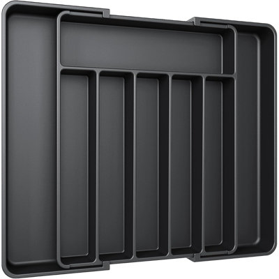 Silverware Organiser - Organisateur de tiroir de cuisine extensible, organisateur d'ustensiles réglable, plateau à coutellerie pour fourchettes, couteaux, organisateurs de cuisine polyvalents et solution de rangement, noir, grand