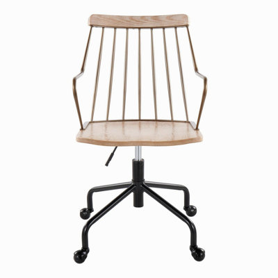 Chaise de bureau réglable en métal noir, cuivre antique et bois blanchi