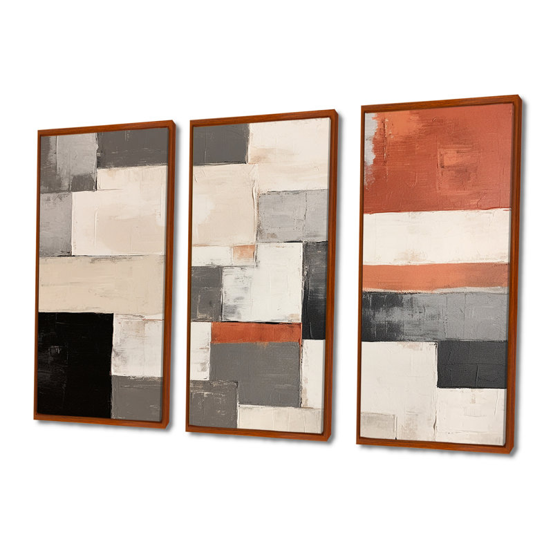 «Earthy Abstraction Cubist Modernism Beige Brown», ensemble de salon d'art mural abstrait, Cadre flottant brun