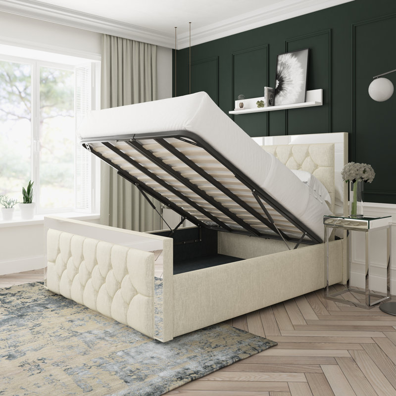 Sage Chenille Upholstered Ottoman Bed Frame, Double (4'6), Cream