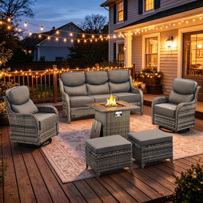 High Back Outdoor Furniture With 6-Inch Extra Thick Cushions, Patio Furniture Set With Fire Pit Table & Swivel Chairs, 6 PCS Wicker Conversation Set For Yard, Deck, Poolside